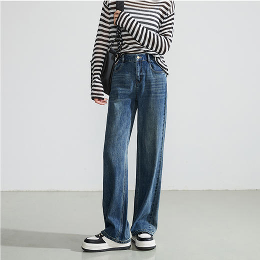 逸阳直筒牛仔裤女2024年秋季新款宽松弹力高腰显瘦阔腿长裤子4245 商品图0