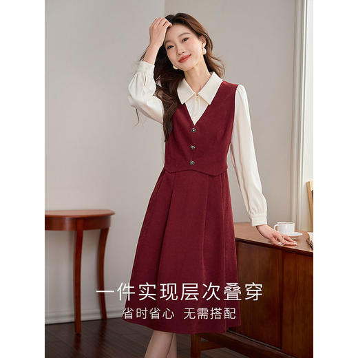 【专属特价】熙世界厅里厅气假两件红色连衣裙女长袖法式衬衫裙子2025秋冬新款 商品图1