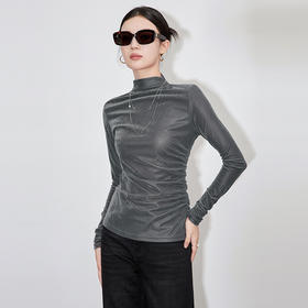 【高货wl】全新升级【铂金会员174/天猫229/差价55】(21421) 洛诗琳微透朦胧美丝绒打底衫时髦百搭上衣T恤高领捏褶长袖