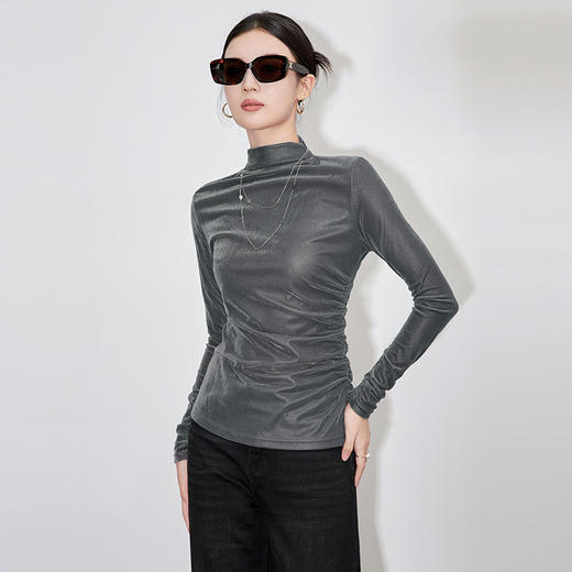【高货wl】全新升级【铂金会员174/天猫229/差价55】(21421) 洛诗琳微透朦胧美丝绒打底衫时髦百搭上衣T恤高领捏褶长袖 商品图0