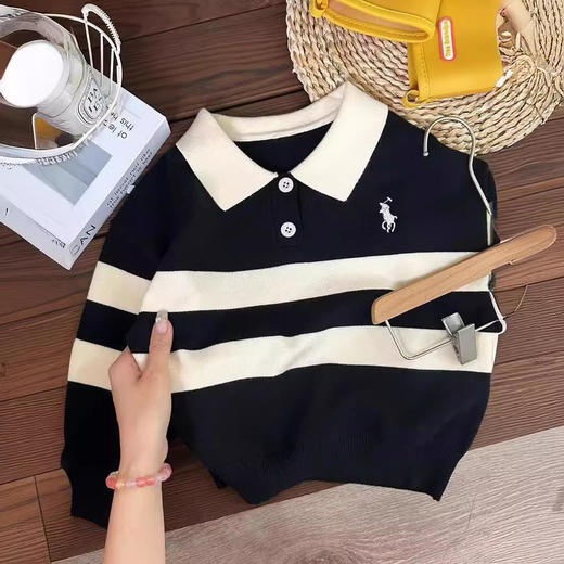 【冬日寒风！温暖童心】秋季新品 洋气儿童翻领条纹毛衣 男童女童休闲毛衣  针织质地精细织工 让宝贝穿上就不想脱-QQ 商品图1