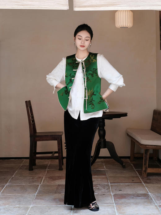 盛唐牡丹 |翠微绿底色梅兰竹菊漳缎马甲 商品图2