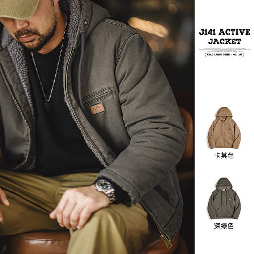 工装优选美式复古J141连帽夹克棉服仿羊羔毛加绒保暖帆布外套男秋冬 商品图0