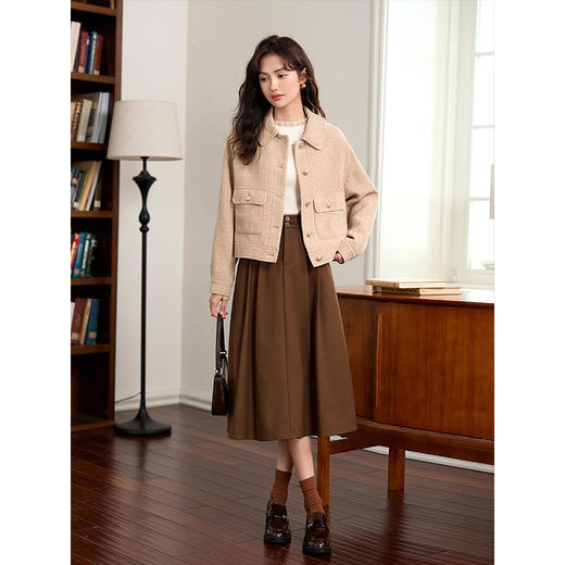 【1件75折】熙世界赫本风棕色半身裙女秋冬新款高腰气质中长裙a字百褶裙子 商品图4