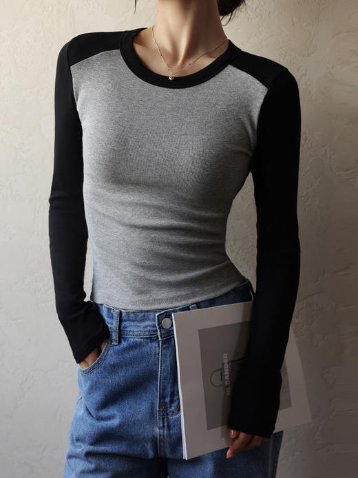 高品质纯棉圆领撞色插肩袖打底衫女秋季内搭显瘦网红长袖 FS 1660-02 商品图2