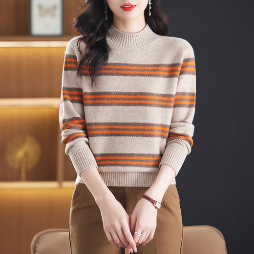 CC-13-6378秋冬半高领条纹女士套头毛衣女宽松减龄优雅气质打底针织衫 商品图3
