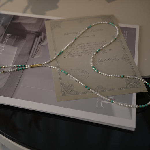 秋日调调 流苏款毛衣链 复古时髦 当下最in 人造绿松+ji光淡水珍珠毛衣链 保色合金 14k注金 3-4mm 高品质小项链 总长度85cm 商品图2