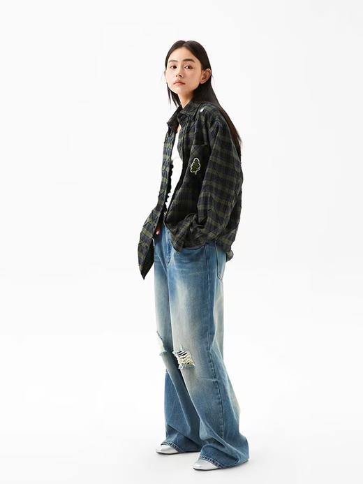 FMACM/CS2421/菱形褶皱磨毛格纹宽松长袖衬衫 商品图2