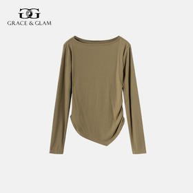 Grace&Glam 抽褶收腰天鹅颈一字领莱赛尔上衣