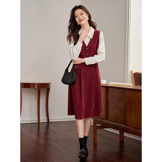 【专属特价】熙世界厅里厅气假两件红色连衣裙女长袖法式衬衫裙子2025秋冬新款 商品图4