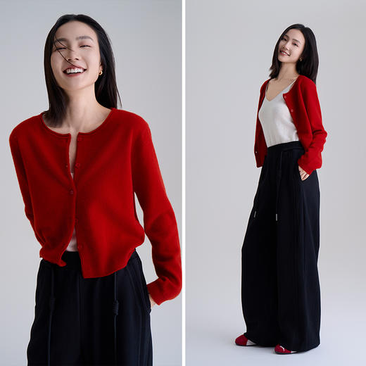 【100%羊毛】秋冬调色盘开衫 圆领纽扣宽边毛衣 短款羊绒外套 商品图0