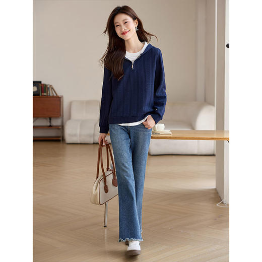 【年货节】熙世界半拉链连帽卫衣女加绒秋冬2025新款提花宽松慵懒风套头上衣 商品图4