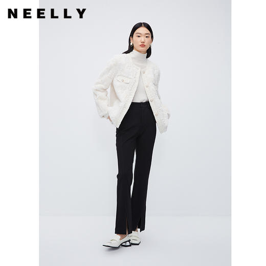 NEELLY纳俪商场同款黑色高腰牛仔微喇裤修身显瘦高级感开叉九分裤N24104H04565 商品图0