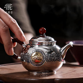 鹤鼎堂银壶闻天系列镶金犀牛錾刻饕餮纹急须（银色）（缺货）