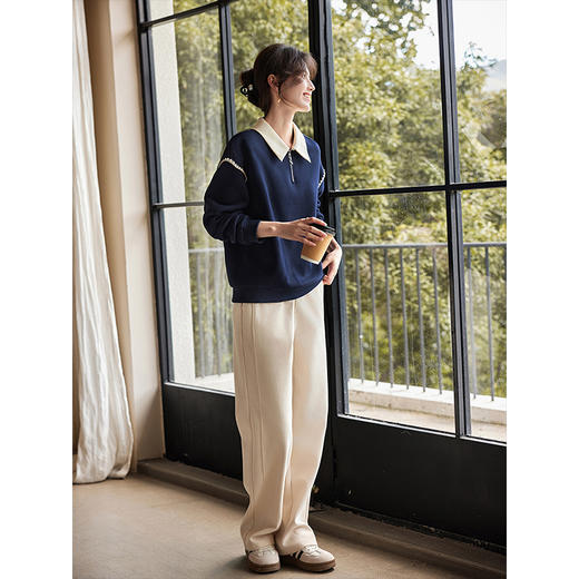 【年货节】熙世界美式学院风卫衣女加绒加厚2025秋冬新款设计感撞色翻领上衣 商品图4