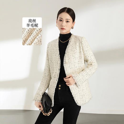 【高货xg】全新升级【铂金会员330/天猫449/差价119】(34044) 洛诗琳秋冬新款法式优雅格纹花呢V领花边小香风羊毛外套 商品图2