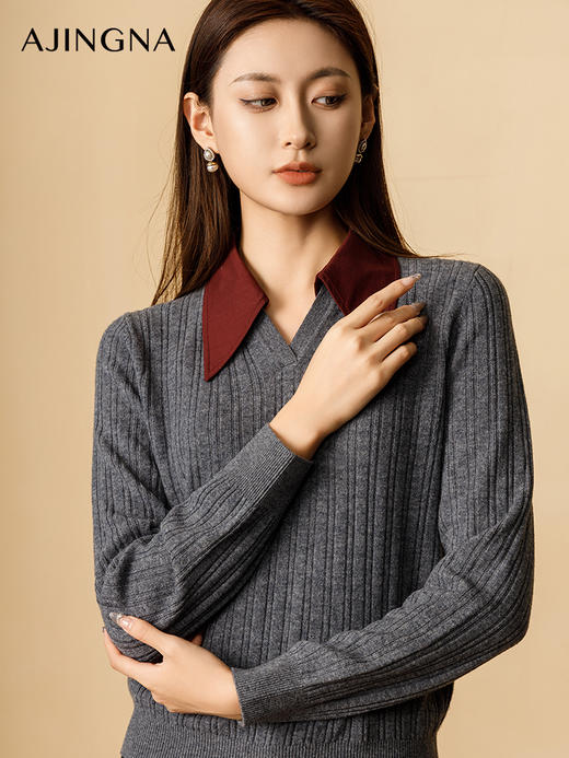 【商场同款】阿菁娜2024冬季新款格雷系轻商务衬衫领毛衫A29D301033 商品图2