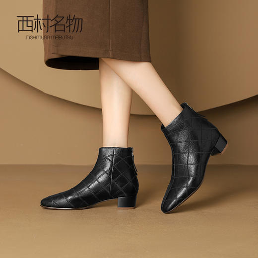 西村名物2024秋冬新款时尚百搭真皮粗跟软底通勤气质瘦瘦靴T24DS46821 商品图1