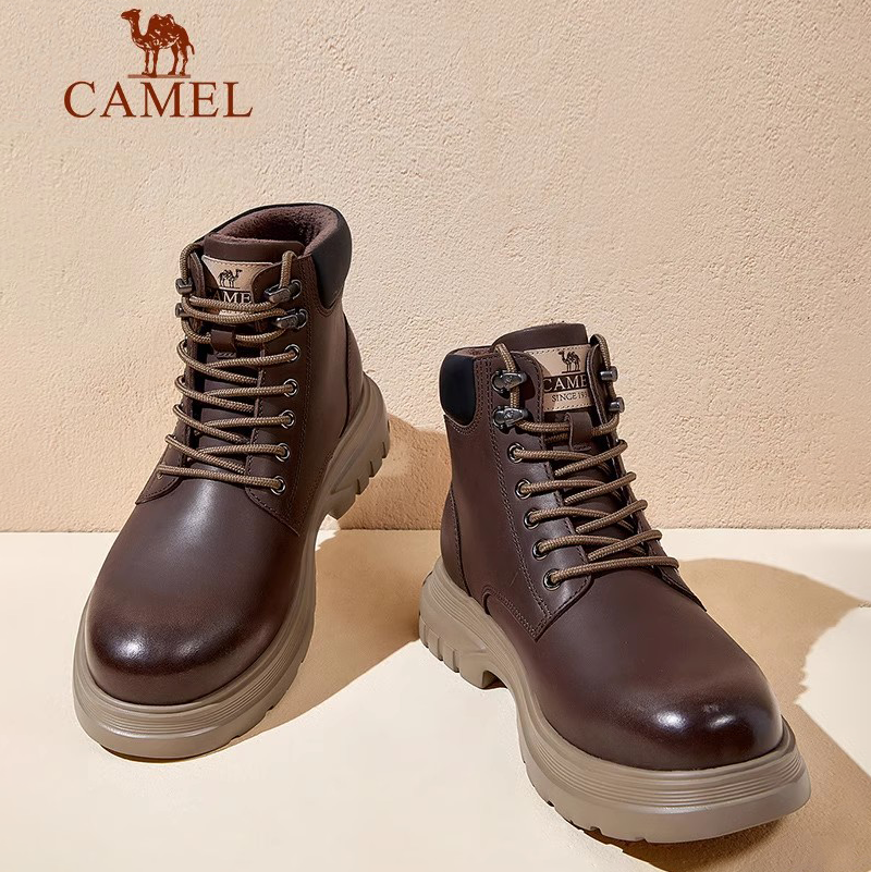 骆驼男鞋2025冬季新款真牛皮马丁靴厚底高帮加绒棉鞋工装鞋休闲黑 G14W076648