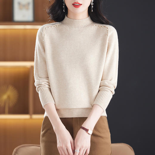 CC-13-6386毛衣女秋冬2024新款时尚洋气厚款外穿钉珠短款半高领针织打底上衣 商品图1