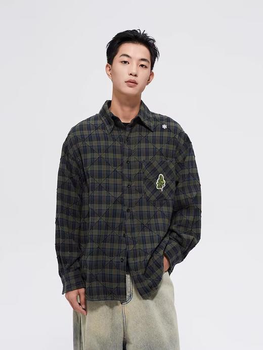 FMACM/CS2421/菱形褶皱磨毛格纹宽松长袖衬衫 商品图1