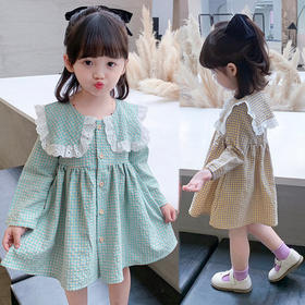 【时髦秋装！长袖翻领格子公主裙】女童连衣裙 洋气小女孩长袖翻领格子公主裙儿 宝宝翻领格子 儿童裙子中小童长袖洋气公主裙-QQ