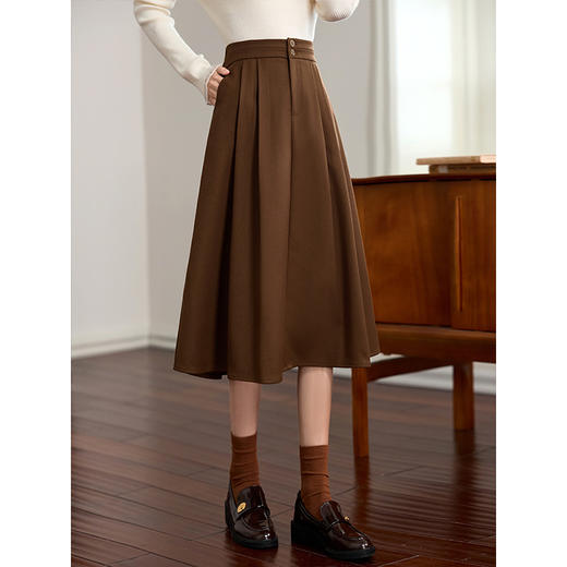 【1件75折】熙世界赫本风棕色半身裙女秋冬新款高腰气质中长裙a字百褶裙子 商品图2