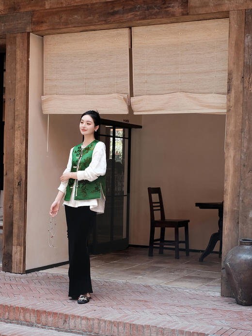 盛唐牡丹 |翠微绿底色梅兰竹菊漳缎马甲 商品图5