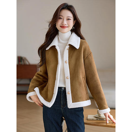 【年货节】熙世界复古麂皮绒仿生皮草外套女短款皮毛一体夹克上衣2025冬新款 商品图1