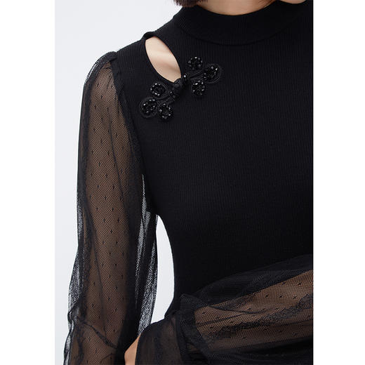 NEELLY纳俪商场同款新中式盘扣连衣裙女黑色中长款针织网纱拼接裙N24104Y04560 商品图2