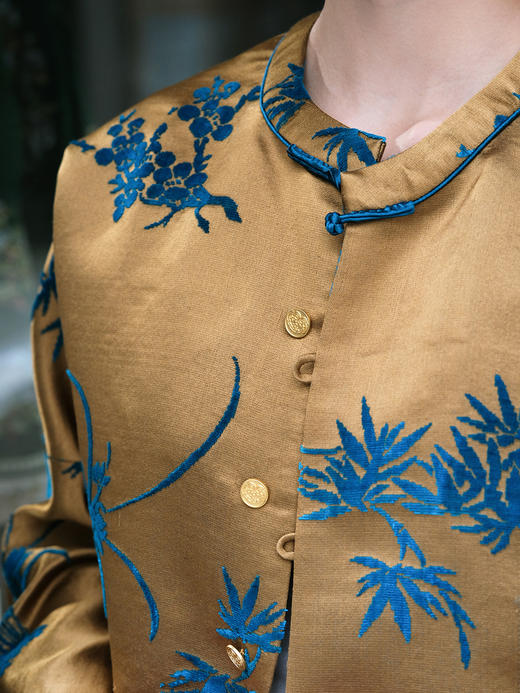 盛唐牡丹| 琥珀黄底色真丝漳绒外套 商品图1