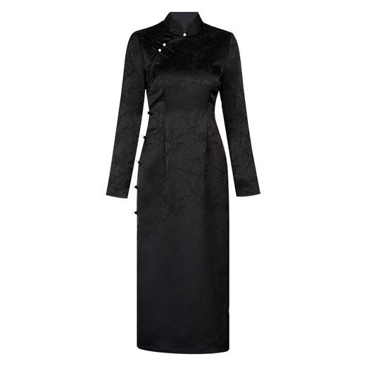 OY-24322长袖旗袍秋装2024年新款中国风黑色缎面提花日常改良长款24322 商品图4