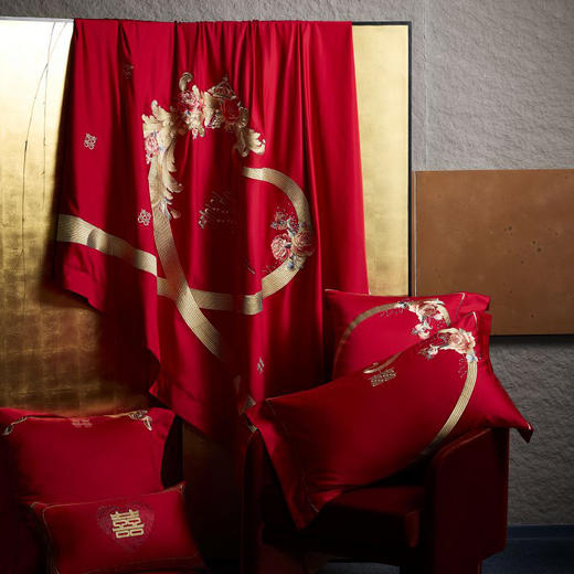 自然醒100支长绒棉四件套囍嫁系列高端刺绣婚庆四件套全棉结婚纯棉床单被套大红陪嫁婚房床品GDS 商品图5