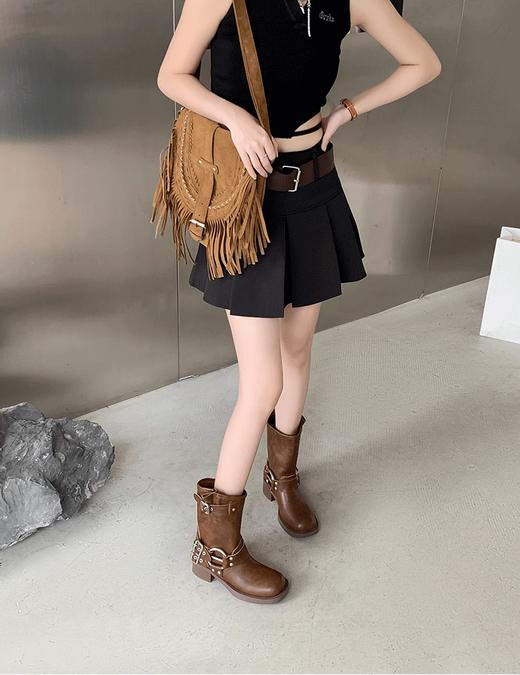 聪儿严选  复古皮扣长筒西部靴  柔软橡胶大底，轻便防滑耐磨 亲肤软皮，细腻有光泽，透气不闷脚 商品图0