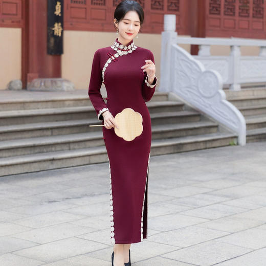HQ-351复古新中式旗袍2024秋季新款长袖改良高档国风连衣裙年轻气质长款 商品图0