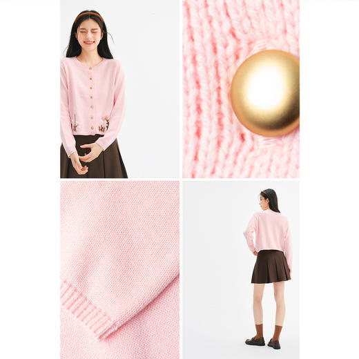 【严选】诗凡黎手工钩花小香风针织开衫2024冬新款别致洋气粉色内搭打底衫7FA331411 商品图3