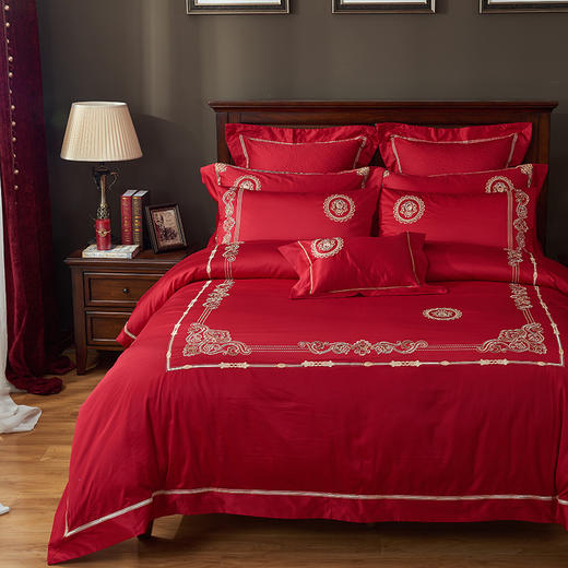 【品牌直营】【婚庆系列 真爱一生】奢享100支刺绣匹马棉婚庆套件四件套六件套 商品图0