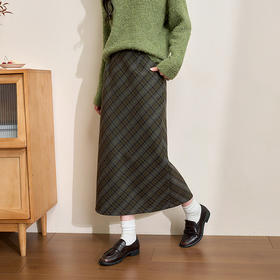 西遇中长款高腰半身裙女冬季新款直筒复古格纹呢料设计裙子14142957