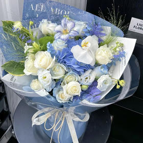 【幸福之歌】001款，6朵碎冰蓝玫瑰➕5朵白玫瑰➕6朵洋桔梗➕1朵蝴蝶兰➕1支绿毛球➕新鲜配花配叶，精美雅致花束