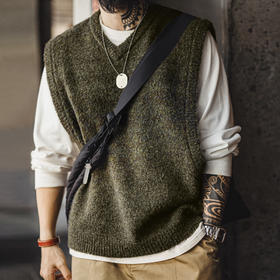 工装优选 美式复古针织V领马甲绒背心叠穿套头保暖无袖坎肩男秋冬