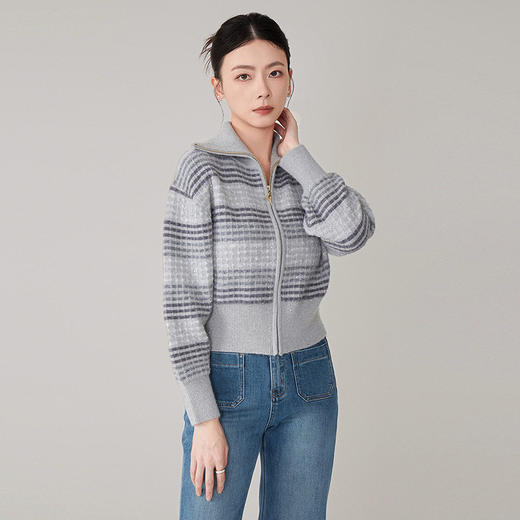 【hrf】全新升级【铂金会员293/天猫399/差价106】(33517) 洛诗琳2024秋季新款休闲时尚羊毛拉链撞色条纹针织衫外套 商品图1