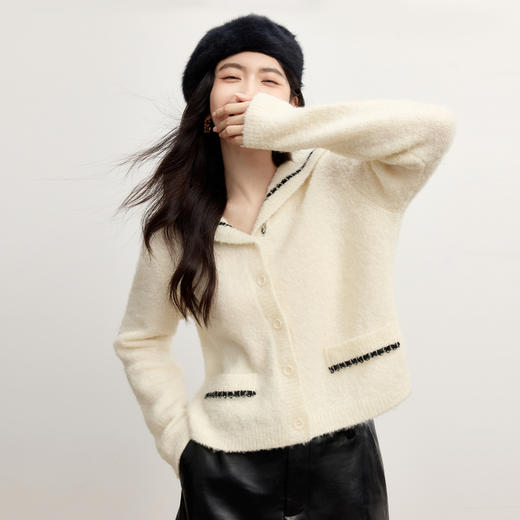 【严选】【圈圈羊毛】伊芙丽复古学院海军领针织开衫2024冬季新款毛衣外套1FA935201 商品图0