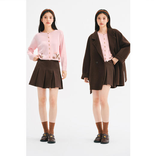 【严选】诗凡黎手工钩花小香风针织开衫2024冬新款别致洋气粉色内搭打底衫7FA331411 商品图1