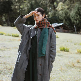 绽放旅行女装790朵/情书棉服冬季色织亚麻轻薄圆角立领长款棉衣