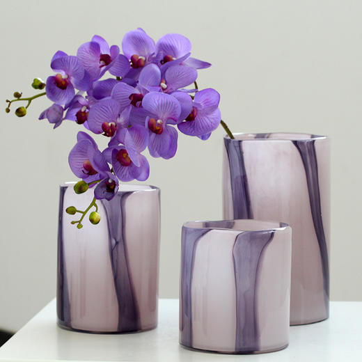 现代简约大口直筒梦幻紫条纹吹制花瓶水培干花蝴蝶兰插花桌面装饰 商品图0