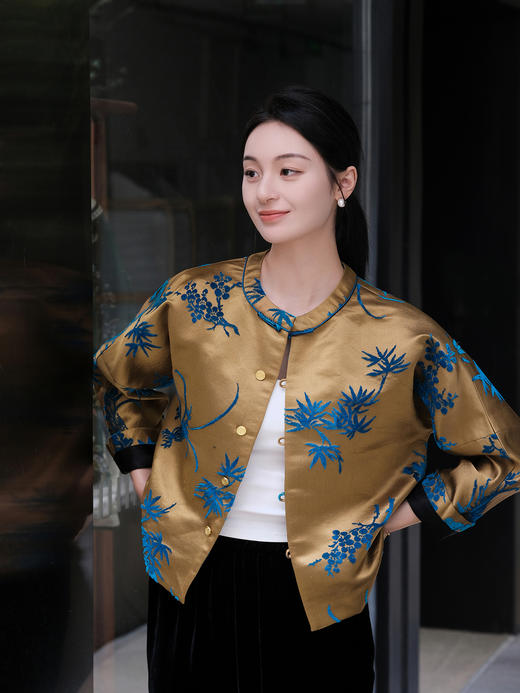 盛唐牡丹| 琥珀黄底色真丝漳绒外套 商品图0
