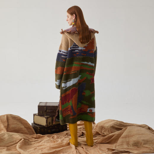 谜底连帽针织开衫女2024冬季新品复古风宽松长毛衣外套244MZ1902 商品图2