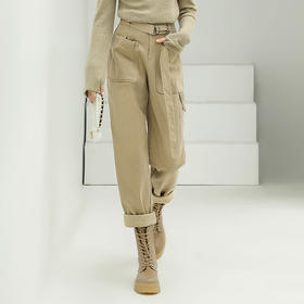 【限时特惠】COCOBELLA工装风卡其色水洗棉休闲裤女秋宽松高腰直筒裤PT818