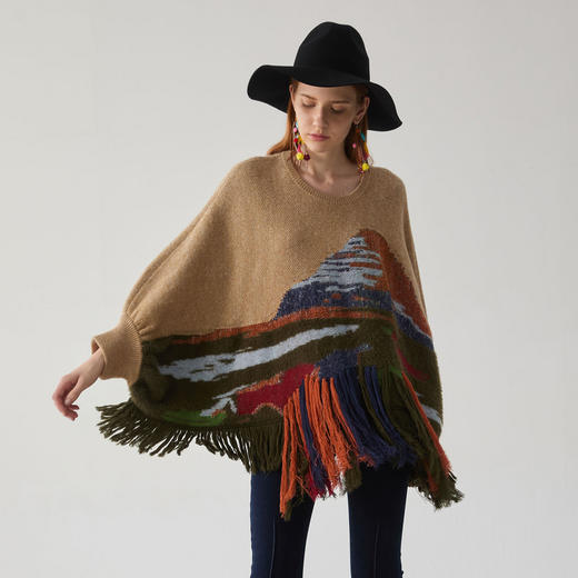 谜底套头针织衫女2024冬季新品复古风宽松A型中长款毛衣244MZ1867 商品图1