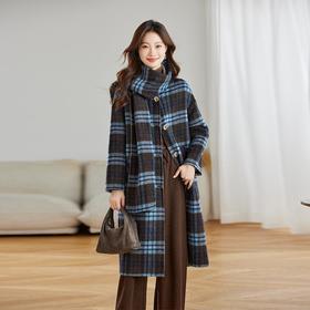 两面穿蓝色格纹羊毛大衣，设计感休闲中长款毛呢外套QIXFS248826-1